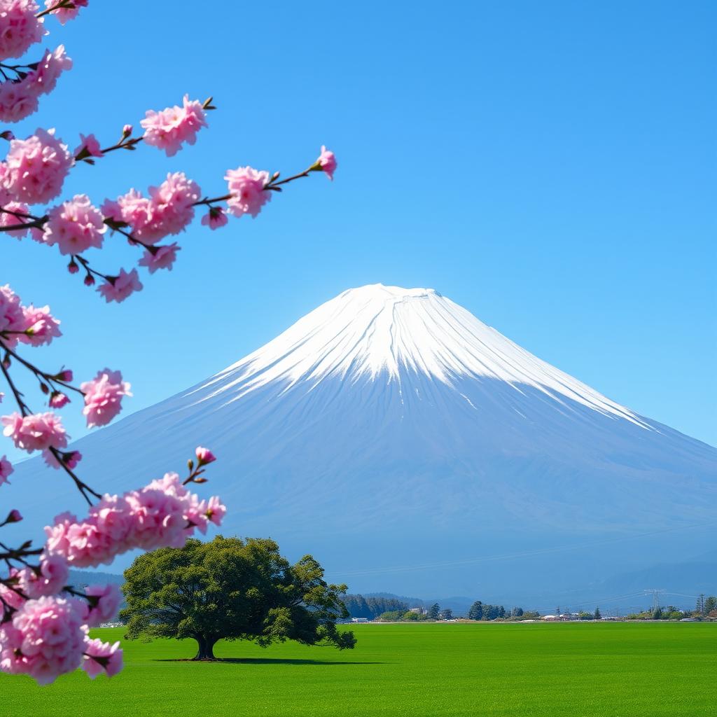 A majestic snowy white Mount Fuji prominently featured with clear lines, its peak placed off-center to the right, towering into a serene clear soft blue sky