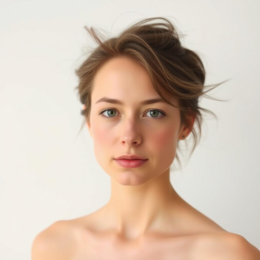 A person with a normal head and shoulders, hair softly tousled by the wind, standing against a plain background, with a neutral expression