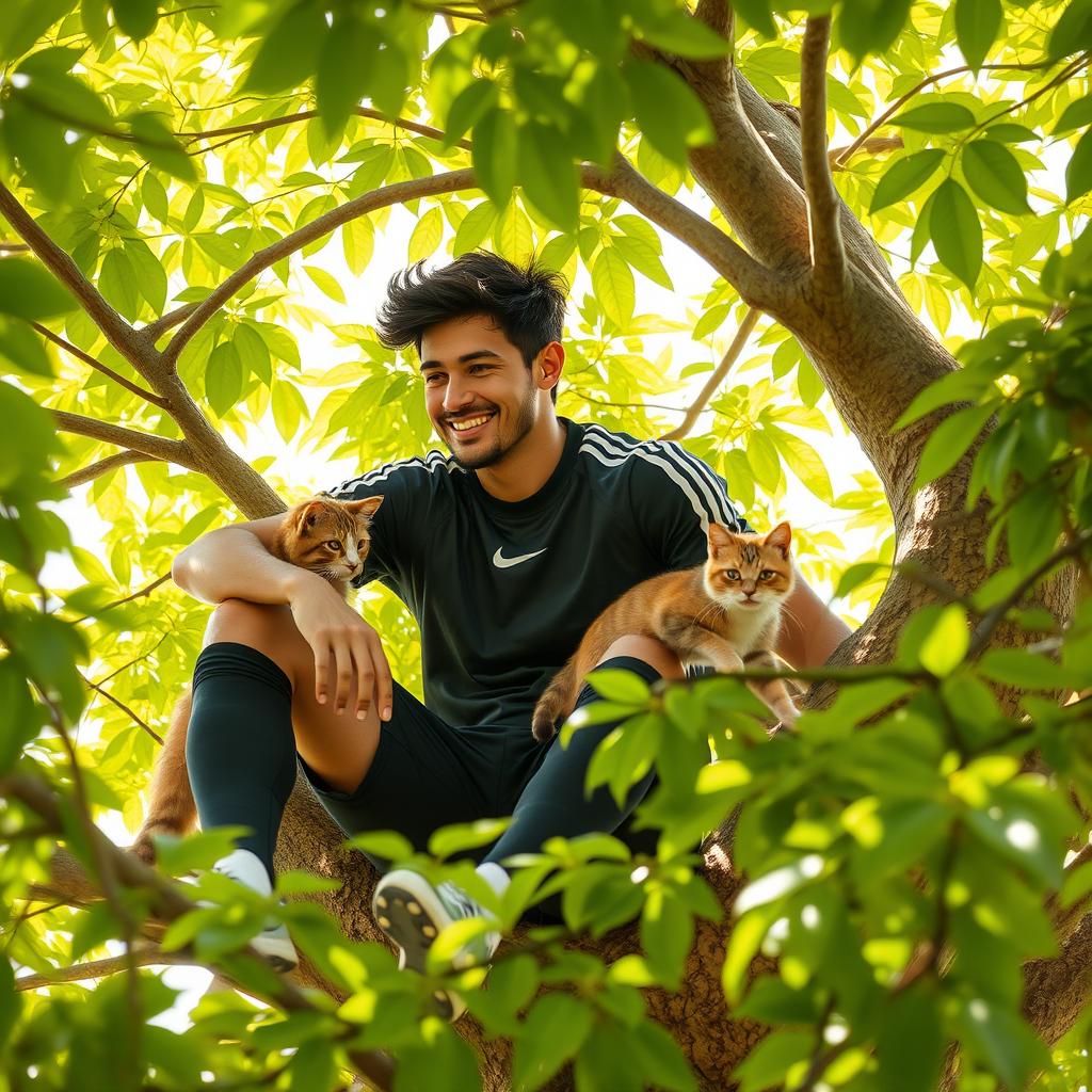 A whimsical scene featuring a well-known male soccer player with short dark hair, wearing a stylish athletic outfit, sitting comfortably among the branches of a large, vibrant green tree