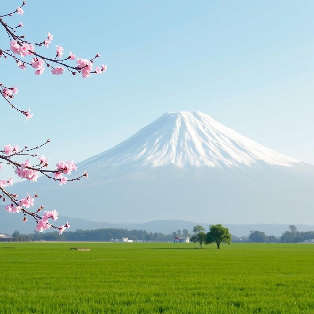 A majestic snowy white Mount Fuji prominently featured with clear lines, its peak placed off-center to the right, towering into a serene clear soft blue sky