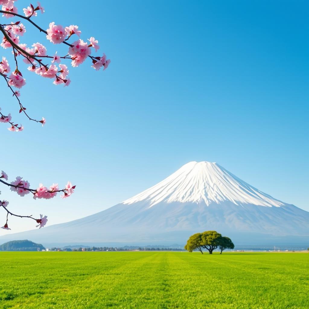 A majestic snowy white Mount Fuji prominently featured with clear lines, its peak placed off-center to the right, towering into a serene clear soft blue sky