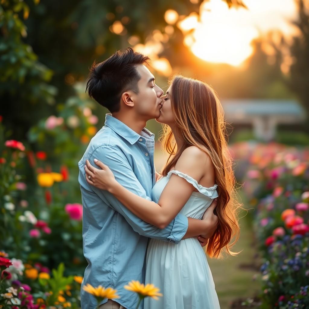 A romantic scene where a young man passionately kisses a young woman in a beautiful garden