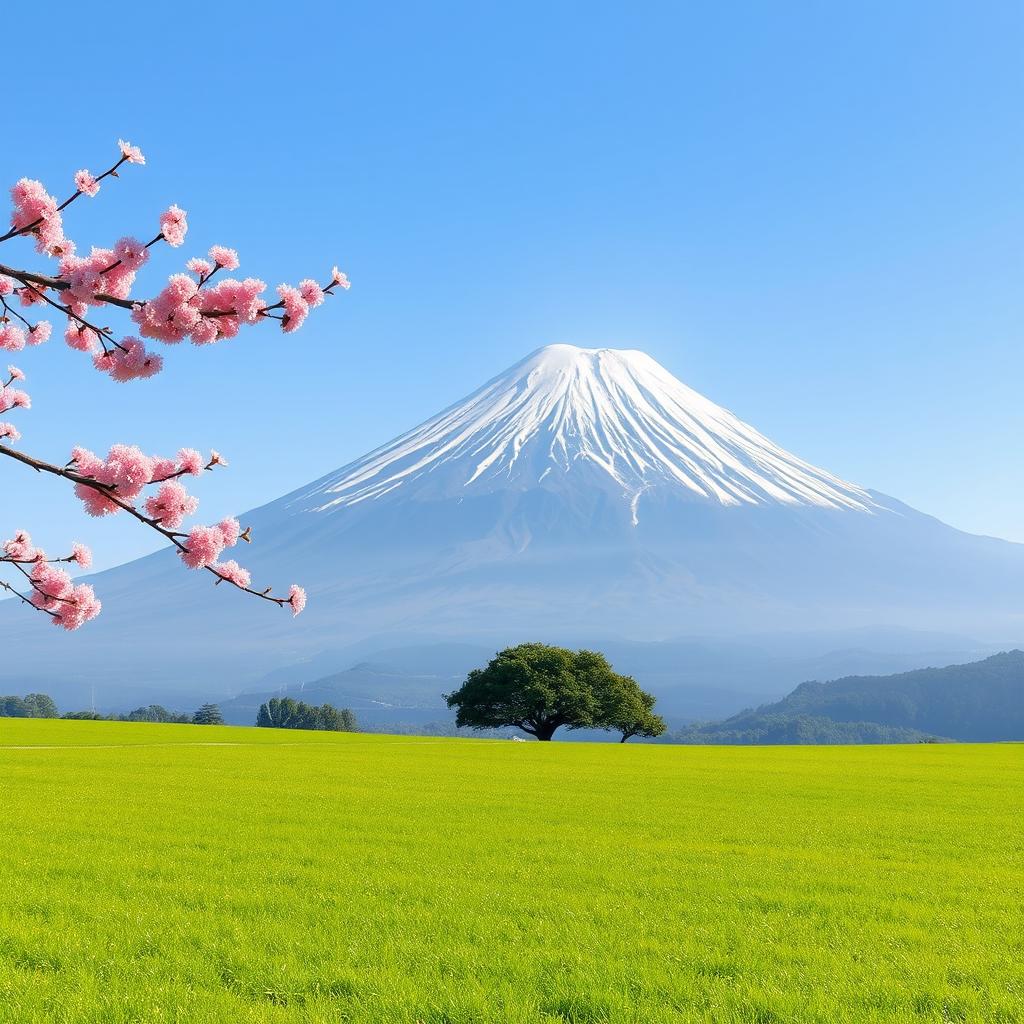 A majestic snowy white Mount Fuji prominently featured with clear lines, its sharp peak placed off-center to the right, towering into a serene clear soft blue sky