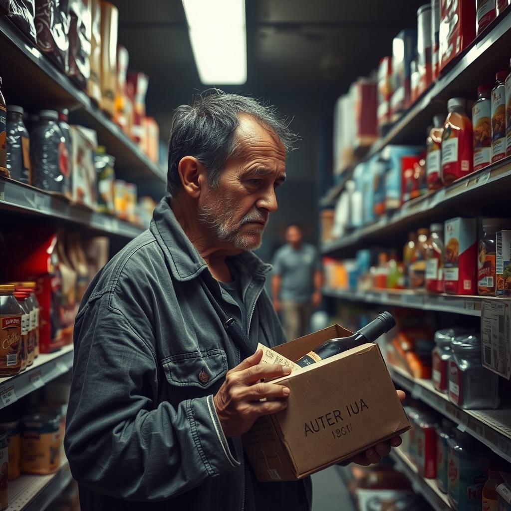 A homeless person standing in front of shelves in a dimly lit store, looking intently at various products with a box of wine in hand