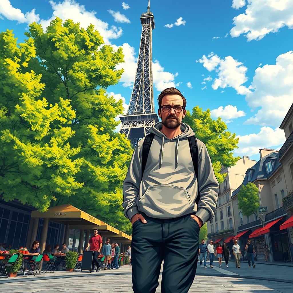 A vibrant and colorful scene featuring Jesse Pinkman, a character inspired by the show Breaking Bad, wandering the streets of Paris