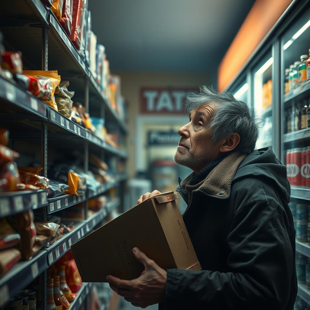 A homeless person intently staring at a row of shelves in a convenience store, holding a box of wine in their hand