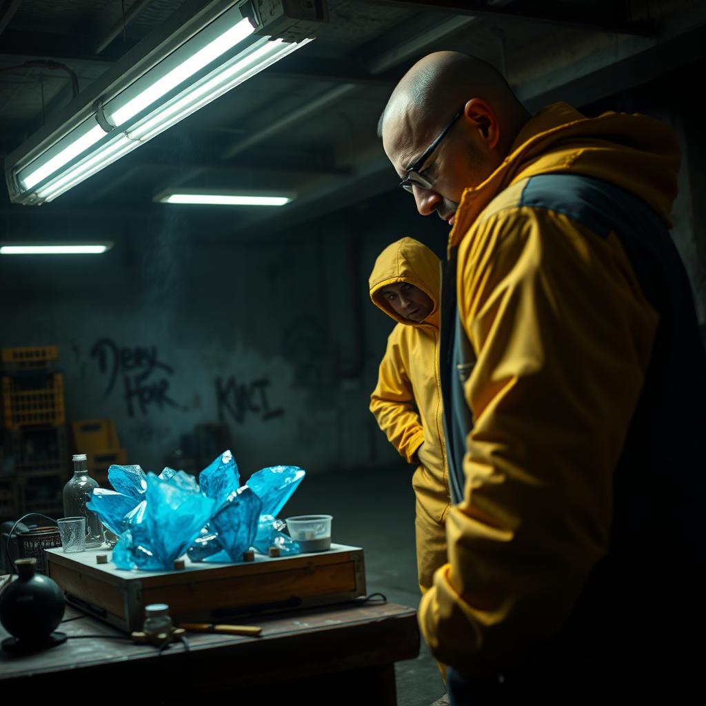 A high-intensity, dramatic scene showcasing a tense moment between two characters in a dimly lit warehouse