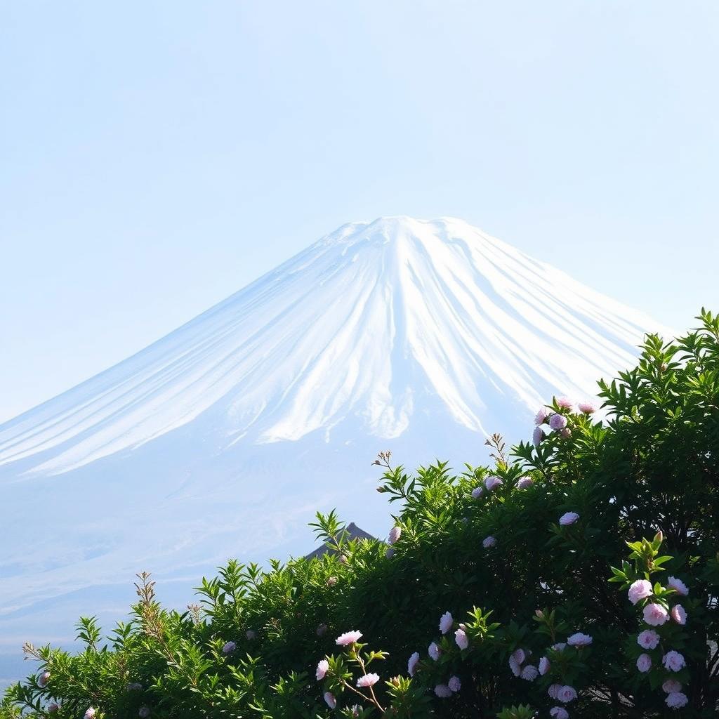 A majestic snowy white Mount Fuji prominently featured with clear lines, its peak placed off-center to the right, towering into a serene clear soft blue sky