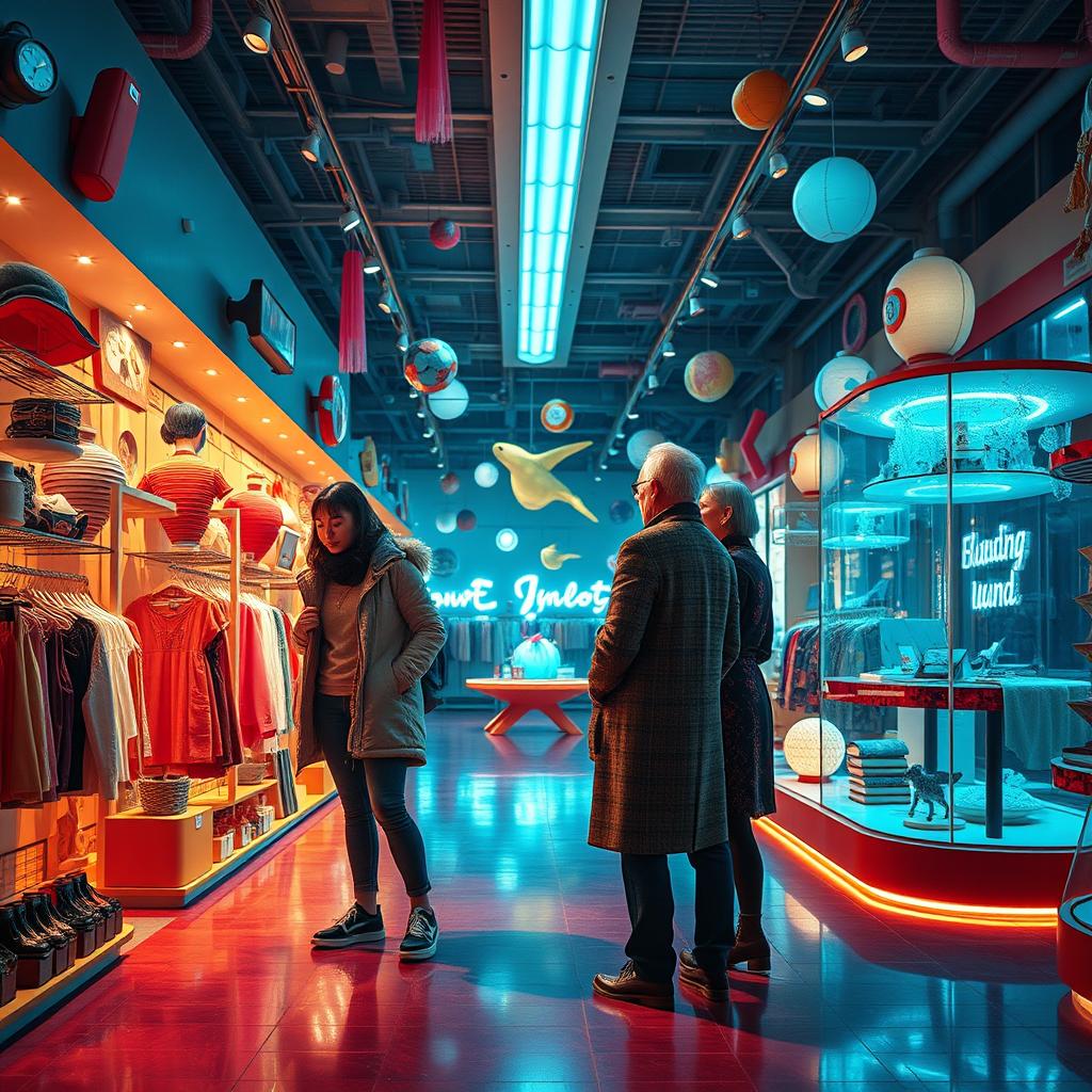 A cinematic wide shot capturing the essence of a Jugend department store in a parallel universe