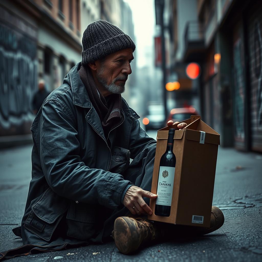 A somber scene depicting a homeless person sitting on the sidewalk, staring thoughtfully at a box of wine
