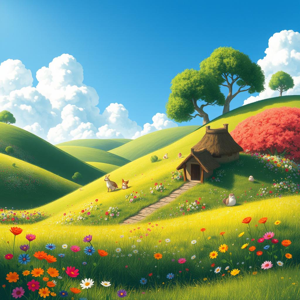 A whimsical landscape scene inspired by Studio Ghibli aesthetic, featuring rolling green hills, vibrant wildflowers, and playful creatures