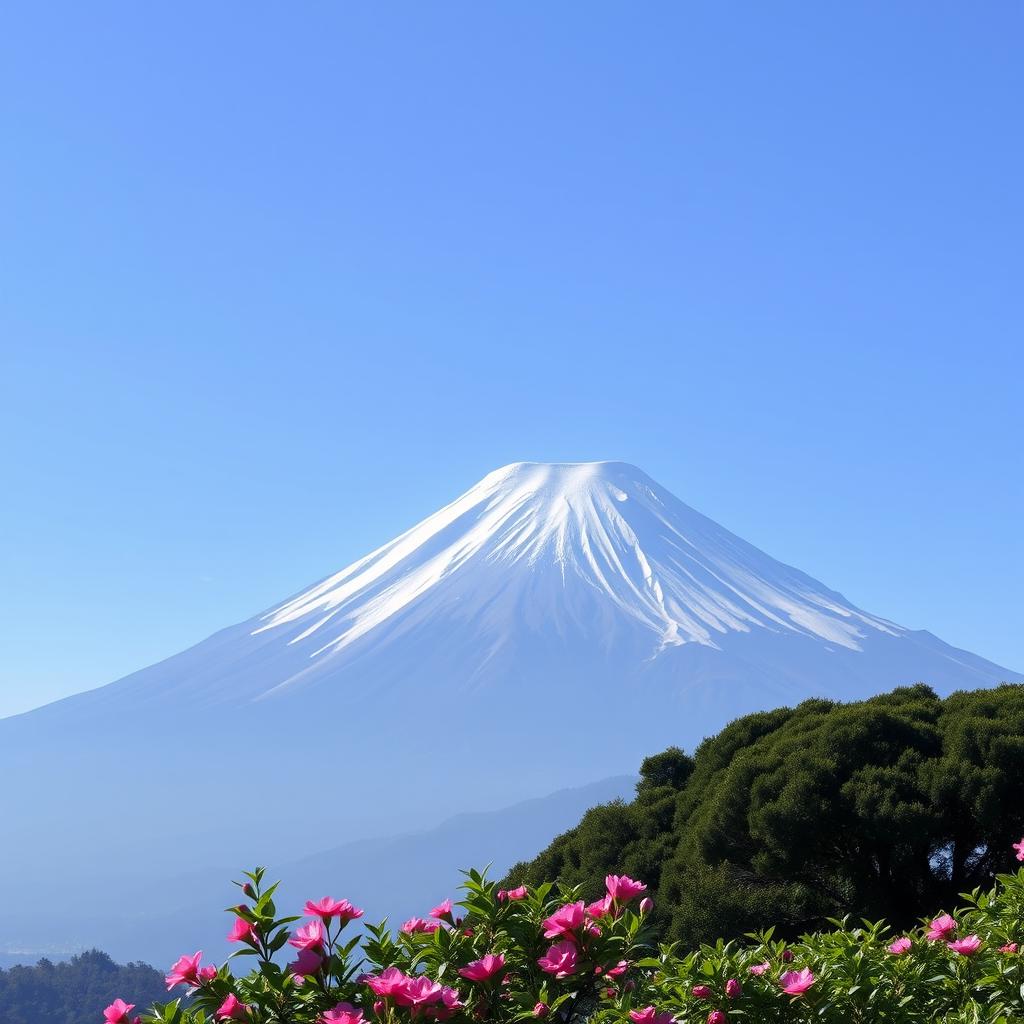 A majestic Mount Fuji prominently featured with clear lines, its sharp peak placed off-center to the right, towering into a serene clear soft blue sky, creating a beautiful contrast
