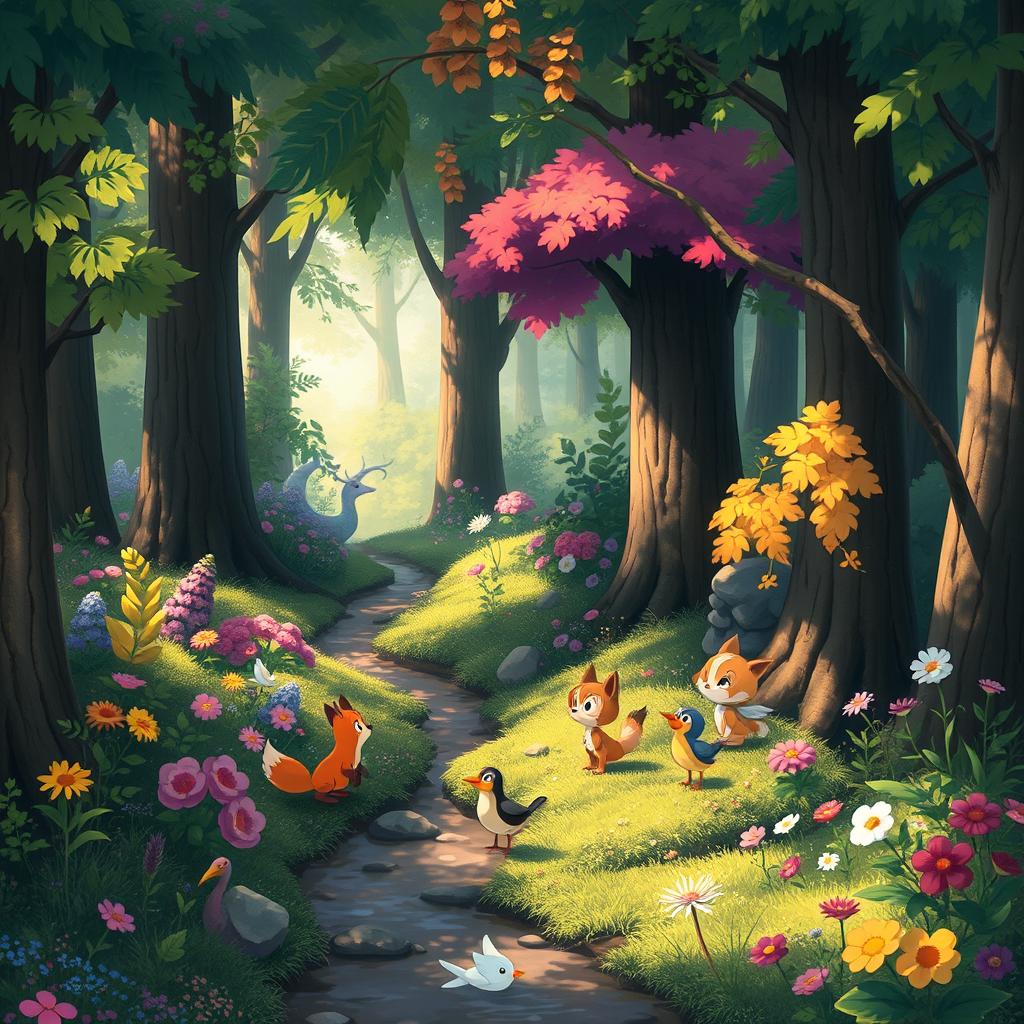 A whimsical, lush forest scene inspired by Studio Ghibli's enchanting style, featuring vibrant trees, colorful flowers, and soft sunlight filtering through the leaves