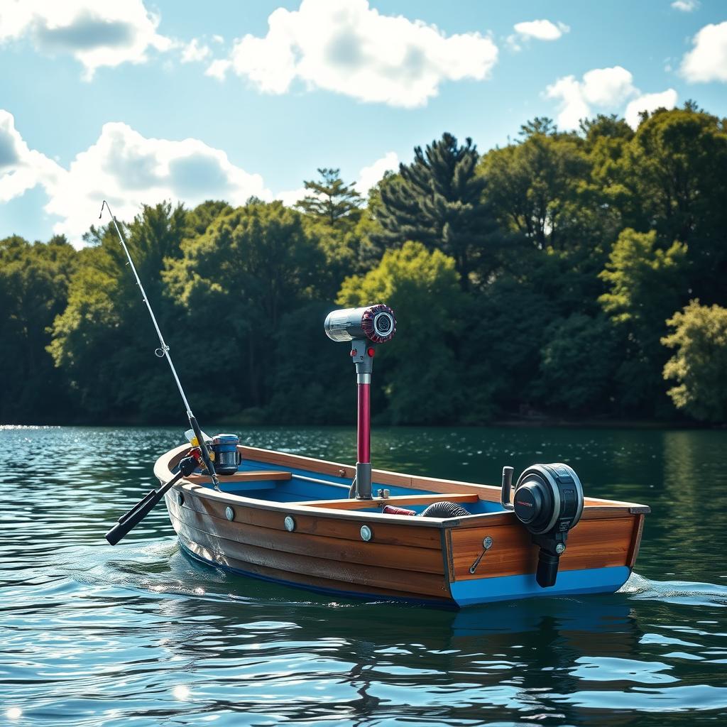 A whimsical fishing boat on a serene lake, featuring an unconventional motor that is a Dyson V15 vacuum cleaner