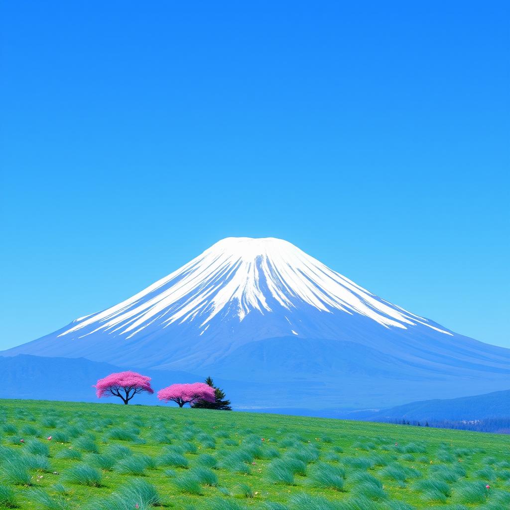 Mount Fuji prominently featured rising into the sky, displaying clear lines that contrast beautifully with the blue clear sky