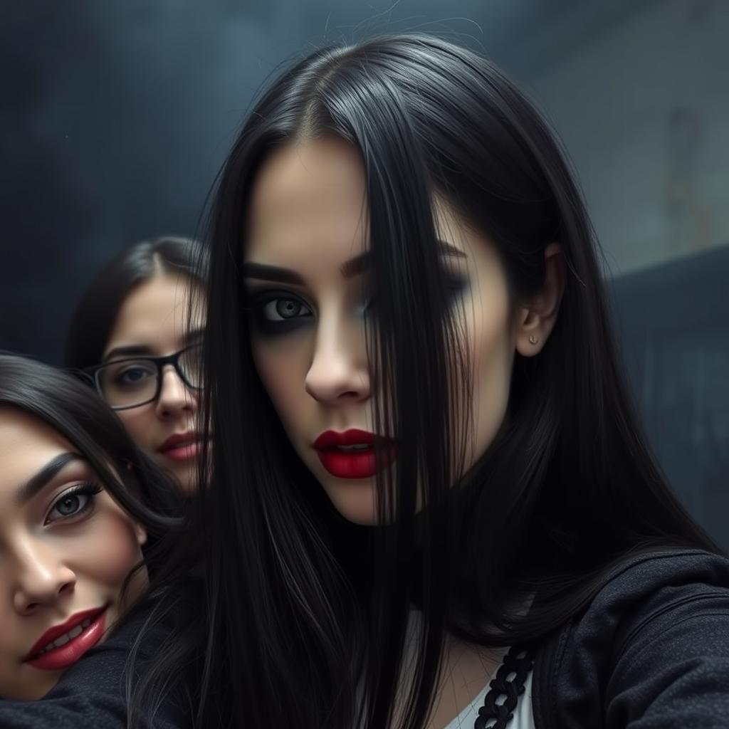 A gothic woman with long black hair, pale skin, a delicate nose, and light brown eyes
