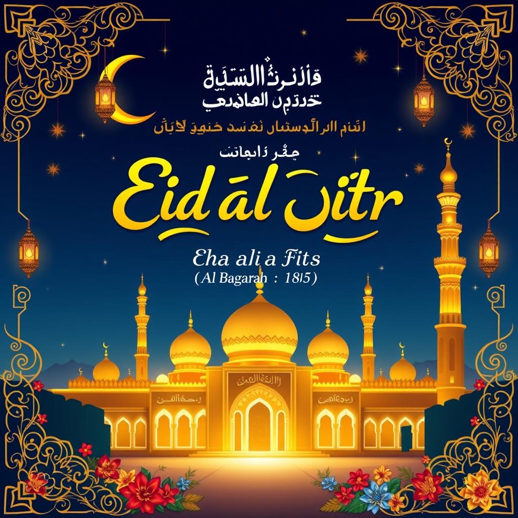 A beautiful and distinctive Eid al-Fitr greeting card designed in an authentic Arabic style featuring intricate golden and blue Arabesque patterns with traditional decorative techniques