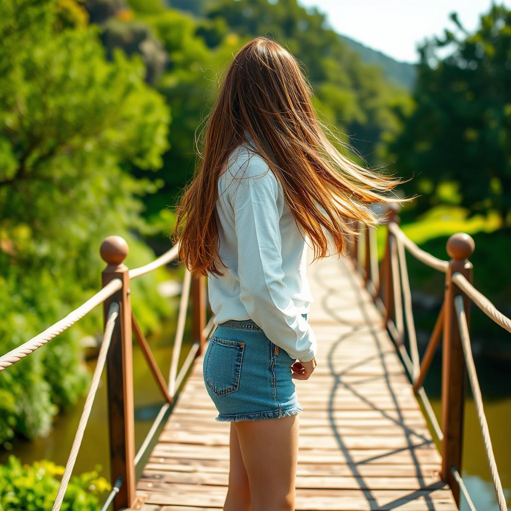 A girl with flowing brown hair is posing on a picturesque bridge, her back turned towards the viewer