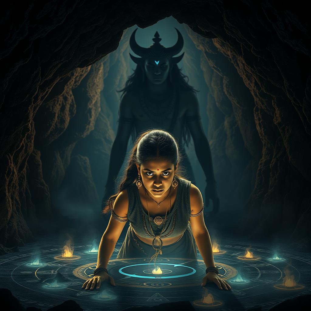 A cinematic action horror film poster depicting a dramatic scene inside a dark cave
