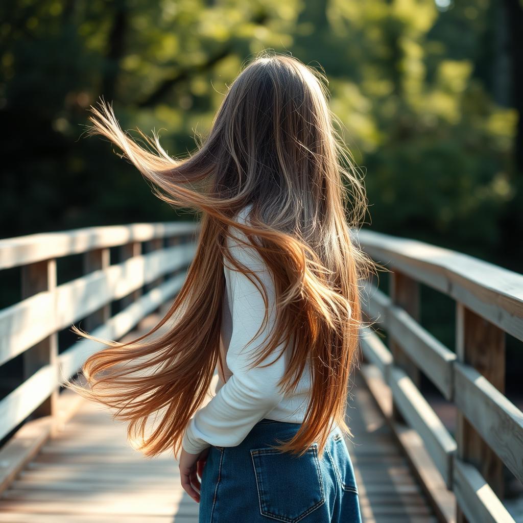 A girl with long, flowing brown hair, posing gracefully on a scenic bridge with her back turned to the viewer, capturing the essence of tranquility and beauty