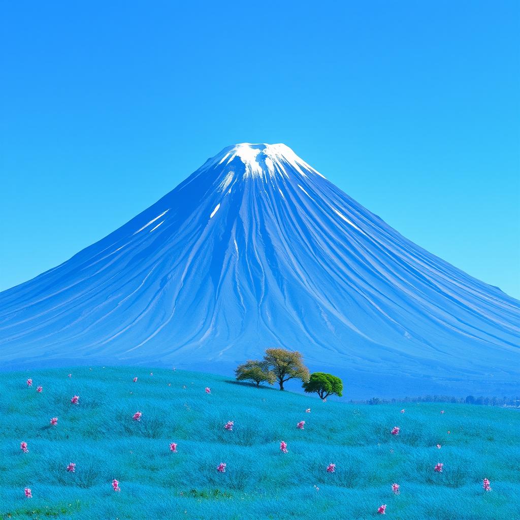 Mount Fuji prominently featured rising into the sky, taking up 60% of the picture, with clear lines that create a striking contrast against a blue clear sky
