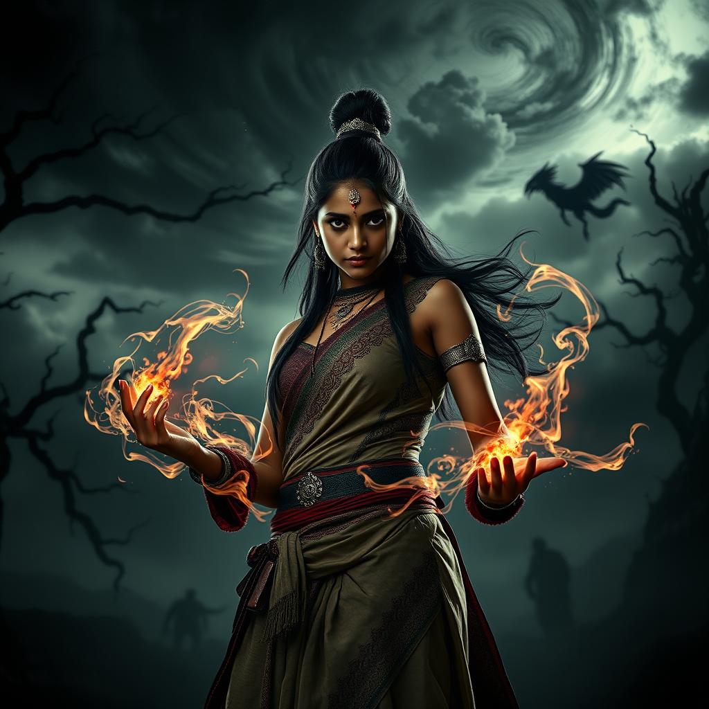 An intense cinematic action-horror film poster featuring a young Indian woman embodying the essence of an Asura, showcasing her dark magical powers in a hauntingly beautiful dark world
