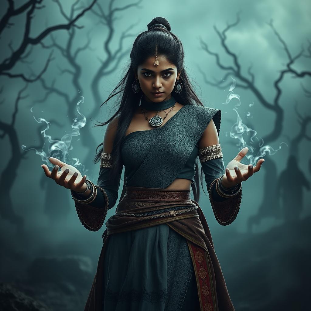 A striking cinematic action-horror film poster featuring a young Indian woman embodying the essence of an Asura, showcasing her formidable black magical powers in an eerie ghost world