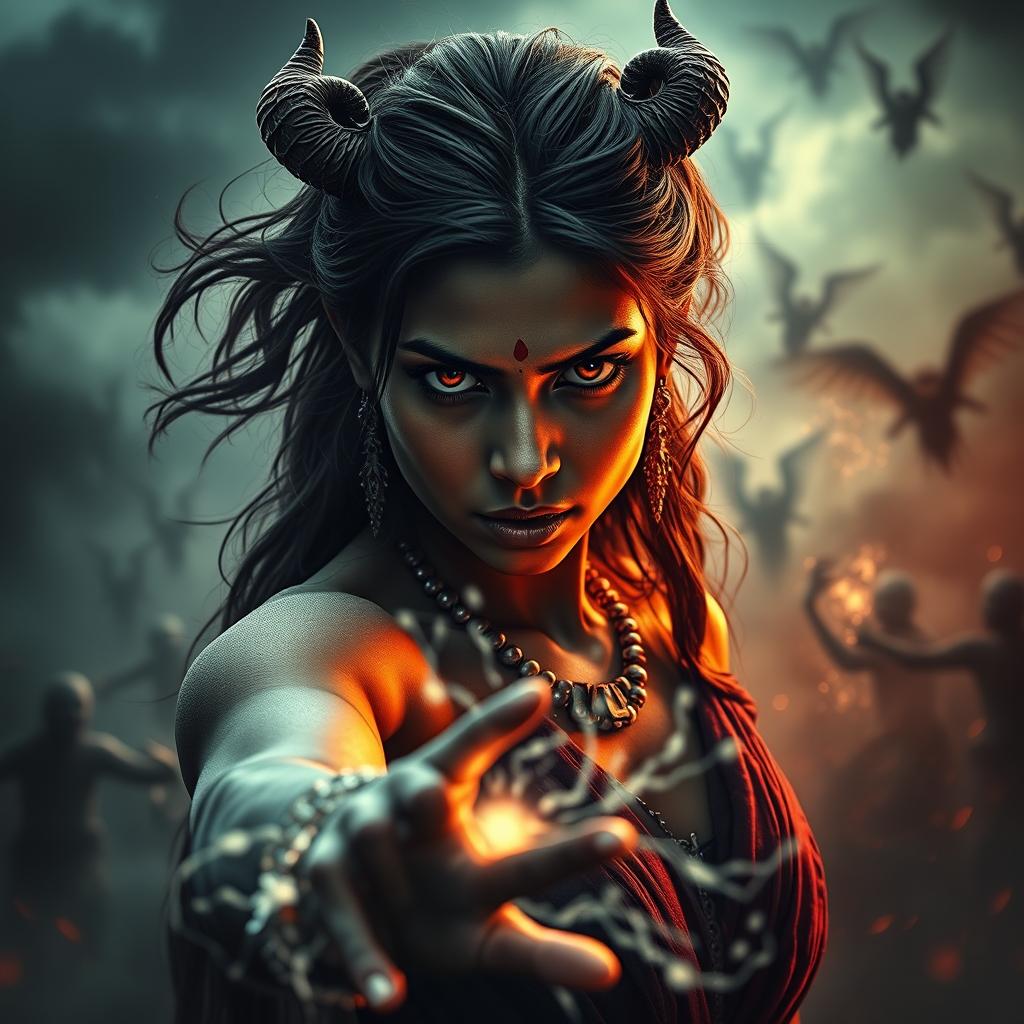 A cinematic action horror film poster featuring a young Indian woman with asur (demon) attributes, showcasing her black magical powers in a ghostly world