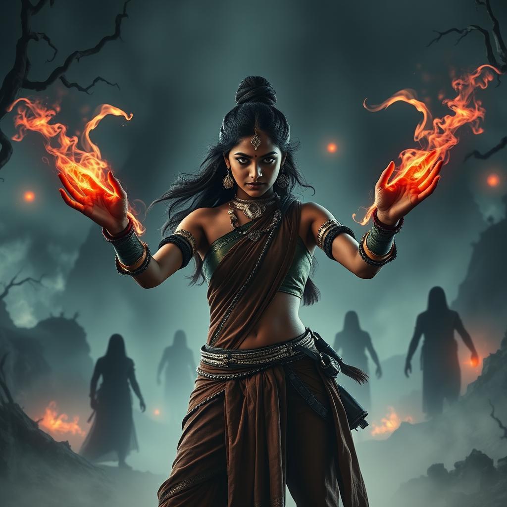 A captivating cinematic action-horror film poster featuring a young Indian woman embodying an Asura with dark magical powers engaged in a fierce battle against evil entities in a ghostly realm