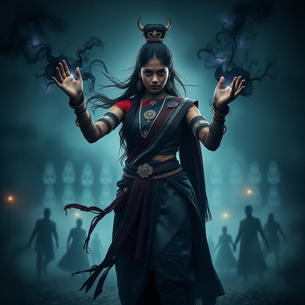 A thrilling cinematic action-horror film poster showcasing a young Indian woman embodying the Asura, wielding black magical powers in a ghostly realm filled with ethereal phantoms