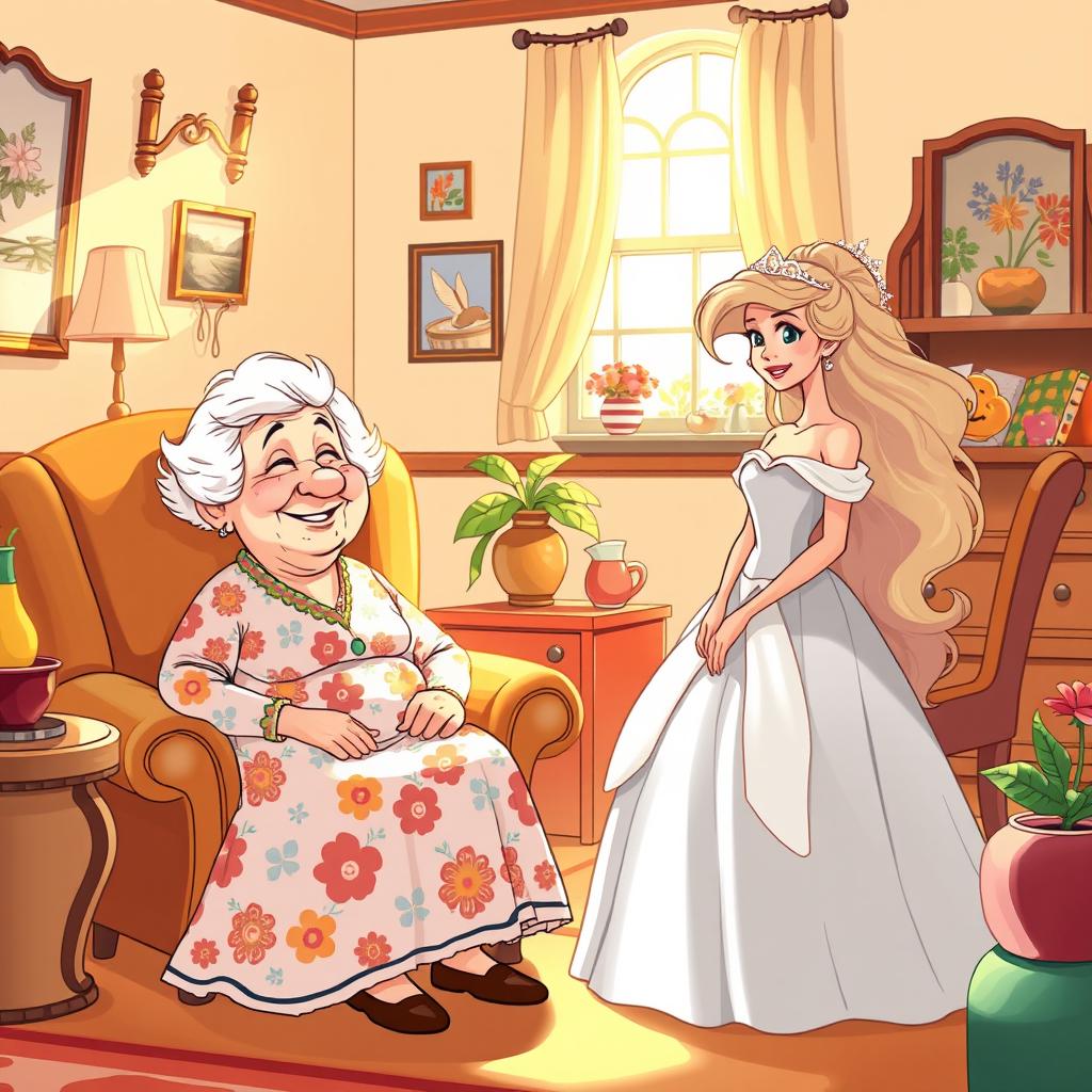 An illustration of a charming yet quirky scene featuring a grandmother with a lively personality, characterized by her distinctive humps, sitting in a cozy armchair surrounded by a warm, inviting living room filled with colorful decor