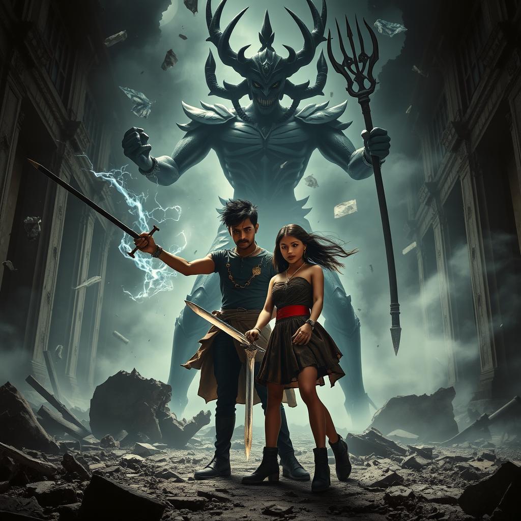 An intense cinematic action-horror film poster featuring Maya, a young Indian man embodying the Asura with striking black magical powers, wielding a sword alongside his young girlfriend, Sweety