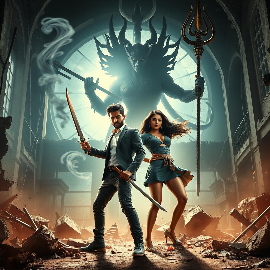 An exhilarating cinematic action-horror film poster featuring Maya, a young Indian modern man who embodies an Asura, wielding black magical powers and a sword, alongside his stylish young girlfriend, Sweety