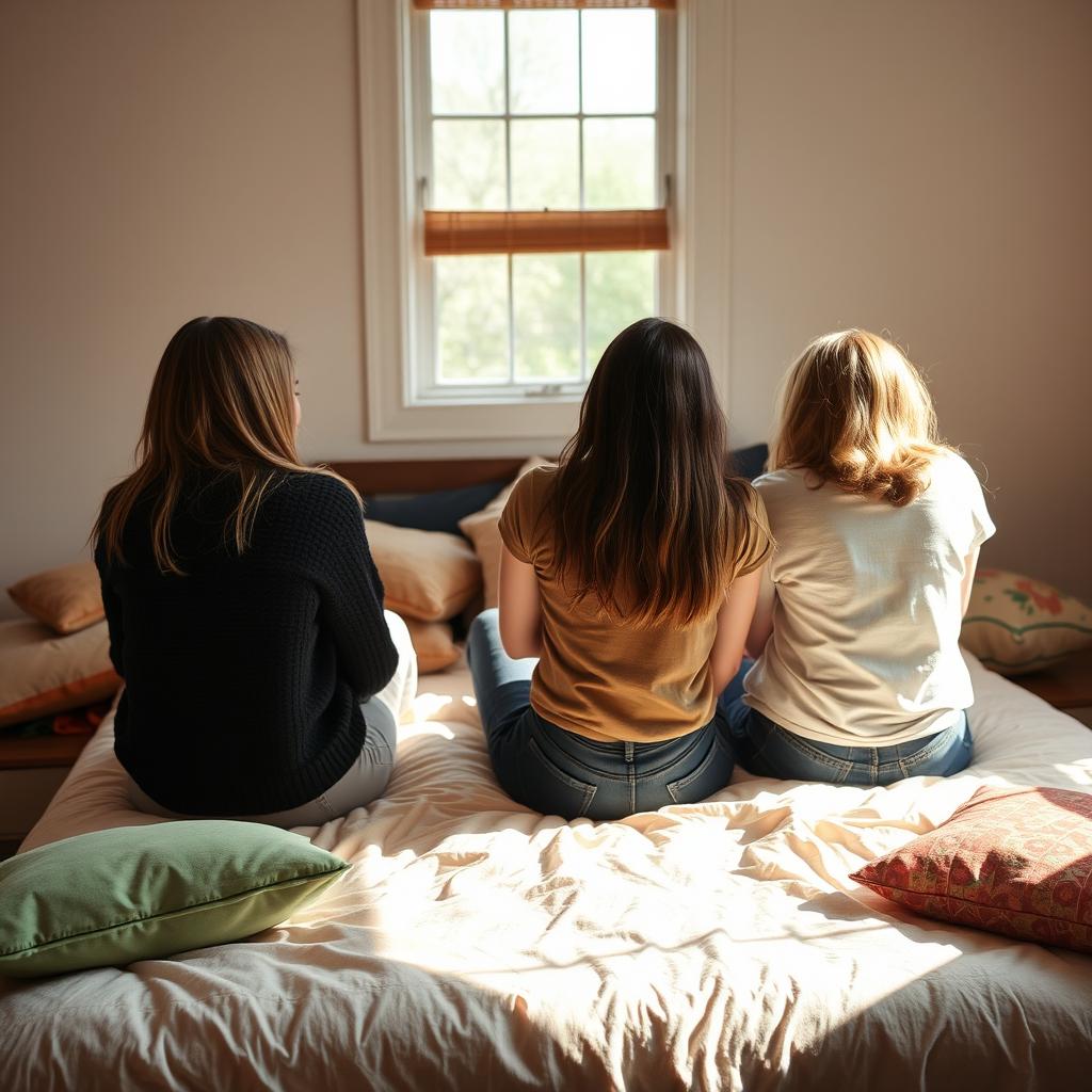 Three girls sitting on a bed with their backs facing the viewer