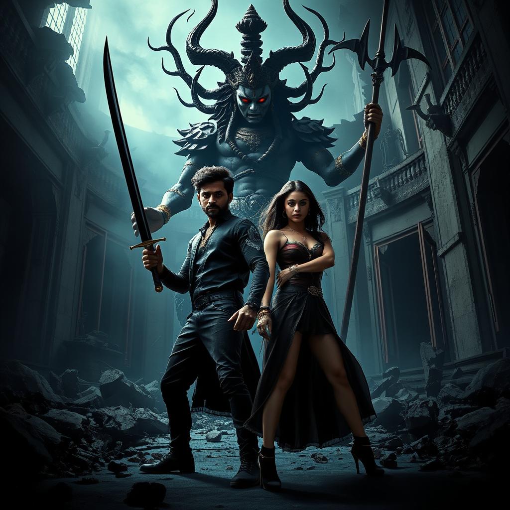 An action-packed cinematic horror film poster featuring Maya, a young Indian modern man embodying an Asura, wielding a single black magical power sword