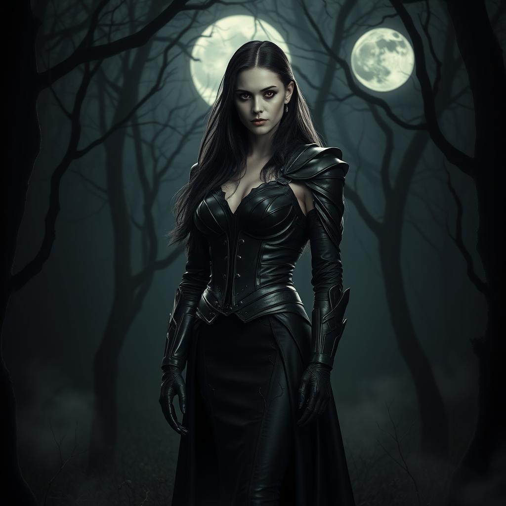 A female vampire standing confidently in a dark, eerie forest