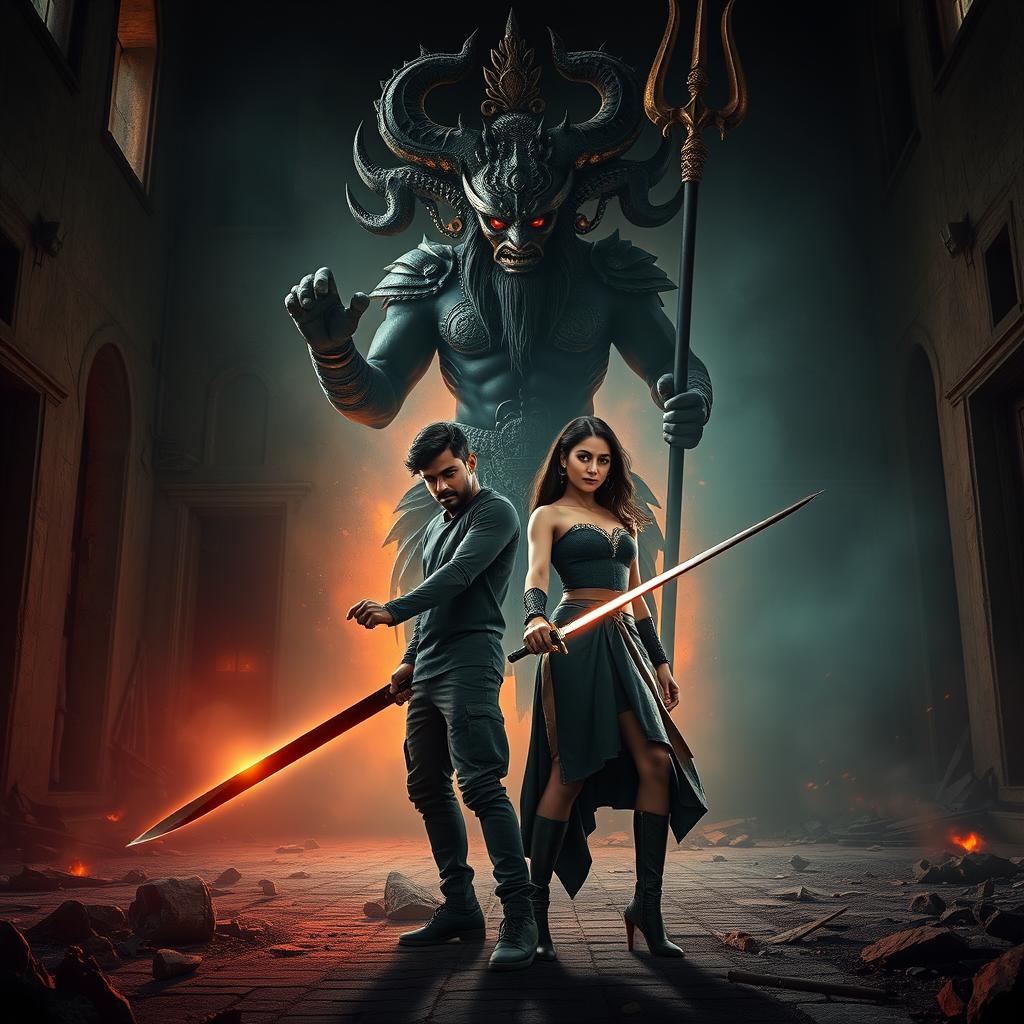 An epic cinematic action-horror film poster featuring Maya, a young Indian modern man embodying the Asura, wielding a single black magical power sword