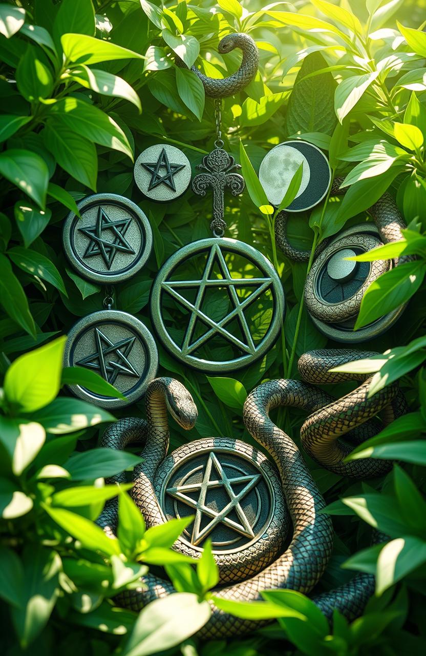 A beautifully detailed scene depicting Wiccan symbols surrounded by lush green foliage and majestic snakes