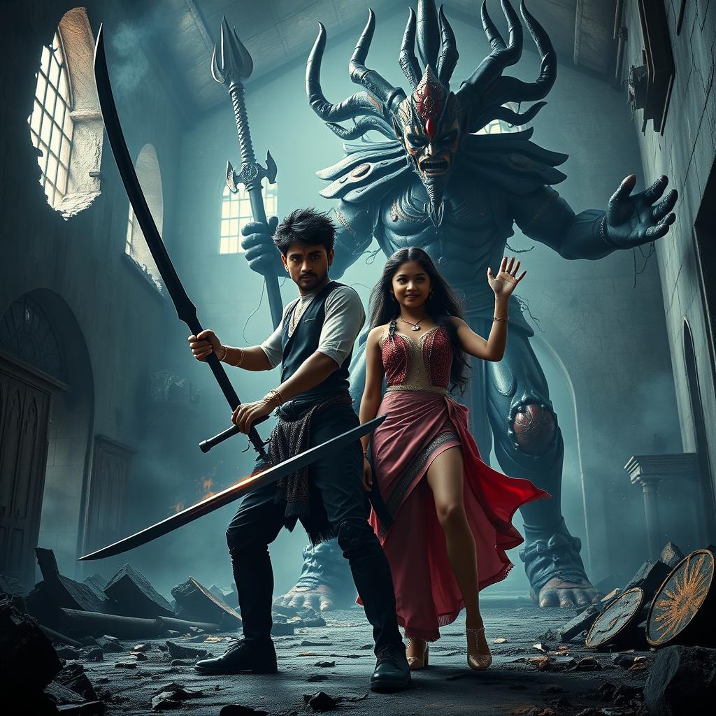 A captivating cinematic action-horror film poster depicting Maya, a young Indian modern man portraying an Asura, armed with a single black magical power sword