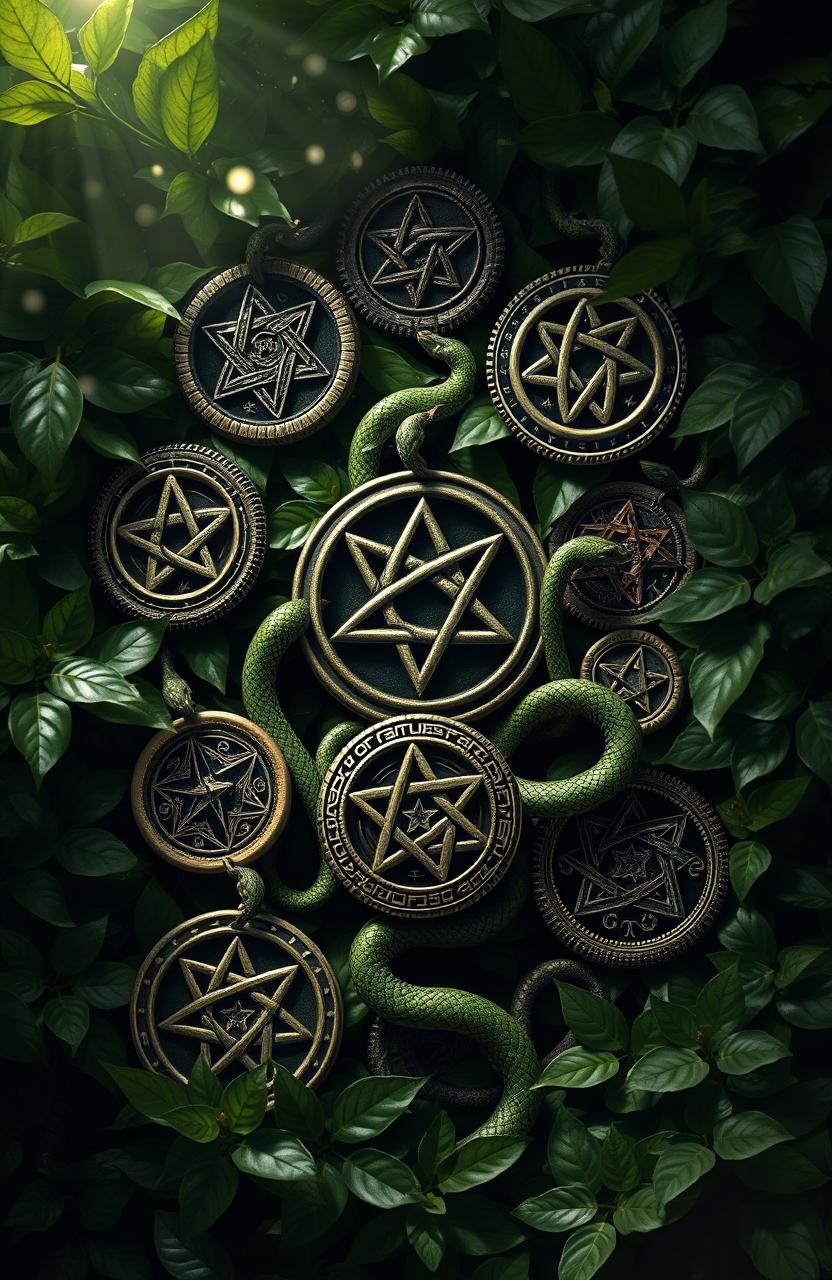 A collection of intricate Wiccan symbols surrounded by lush dark green foliage, featuring various designs that represent nature and magic, intertwined with realistic snakes gracefully coiling around the symbols