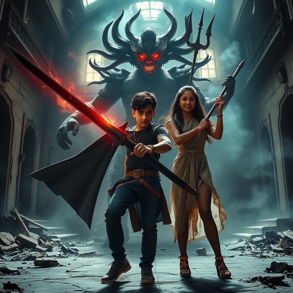A thrilling cinematic action-horror film poster featuring Maya, a young Indian modern man embodying an Asura, wielding a striking black magical power sword