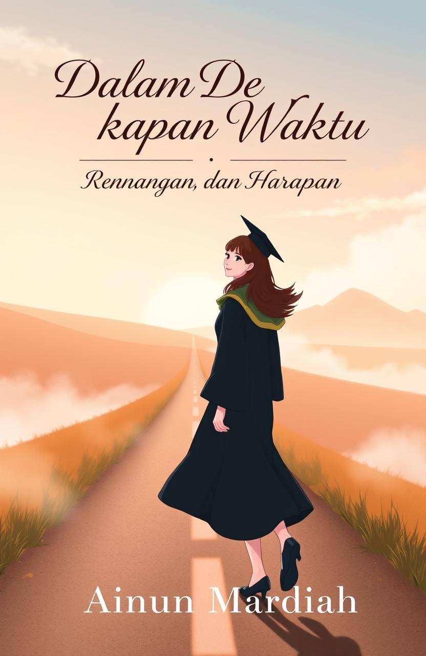 A5 book cover design featuring the title 'Dalam Dekapan Waktu: Perjalanan, Kenangan, dan Harapan' at the top in elegant, artistic fonts