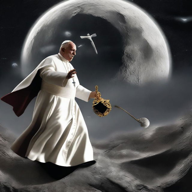 This is a high-quality digital art image featuring a unique scene where the Pope is on the moon battling Voldemort