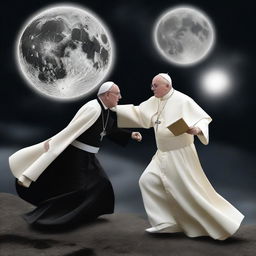 This is a high-quality digital art image featuring a unique scene where the Pope is on the moon battling Voldemort