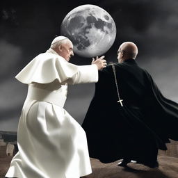 This is a high-quality digital art image featuring a unique scene where the Pope is on the moon battling Voldemort