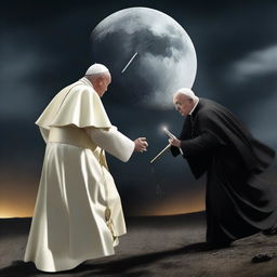 This is a high-quality digital art image featuring a unique scene where the Pope is on the moon battling Voldemort