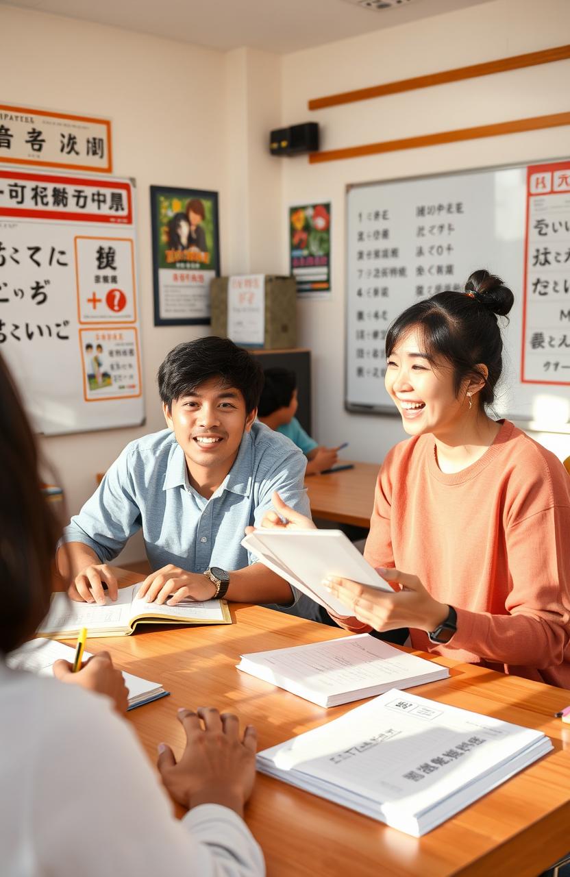 A friendly scene depicting a beginner Japanese language class with diverse students learning basic Japanese conversations