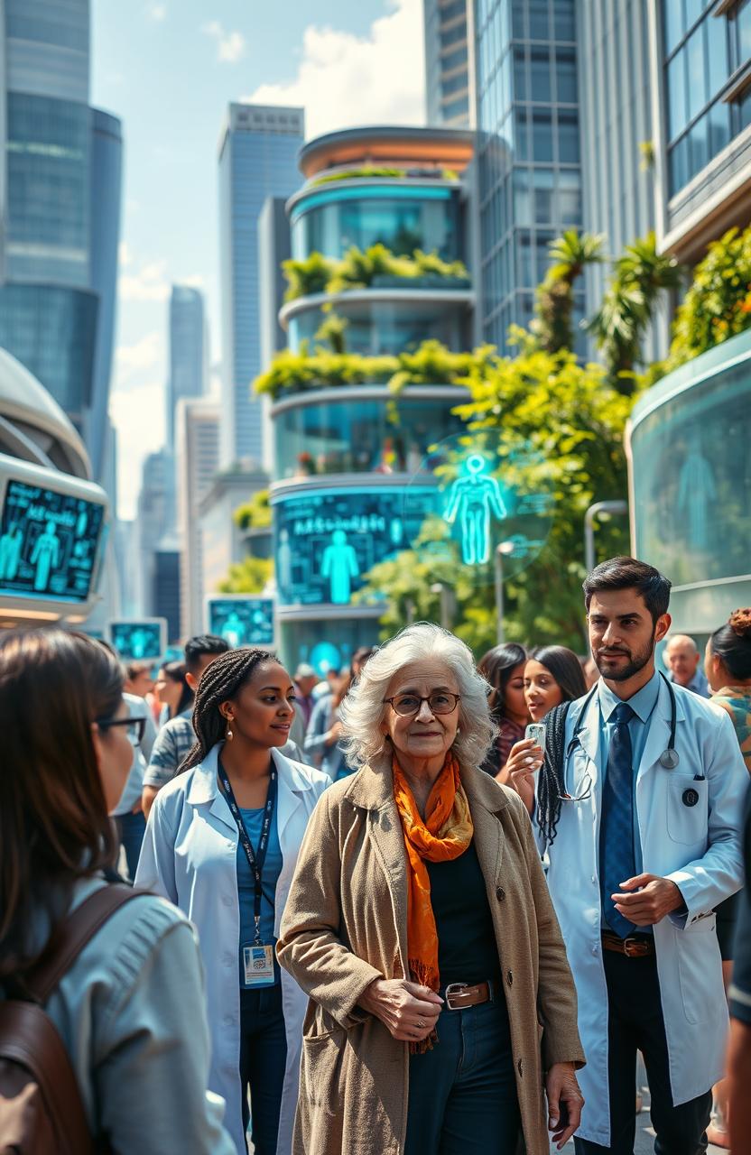 A futuristic scene of a thriving city in 2050, showcasing advanced medical technologies and innovations in longevity