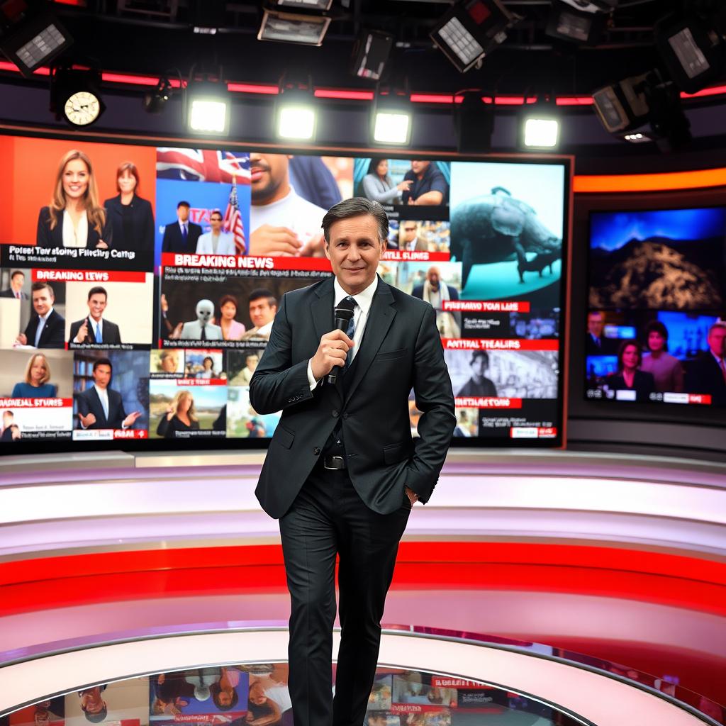 A dynamic scene depicting a journalist in action, standing confidently at a news desk in a modern newsroom