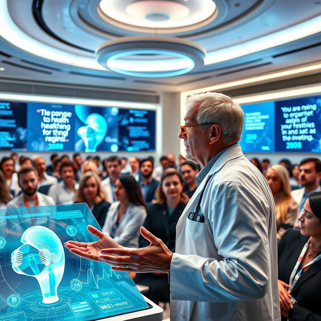 A futuristic medical conference setting showcasing Dr